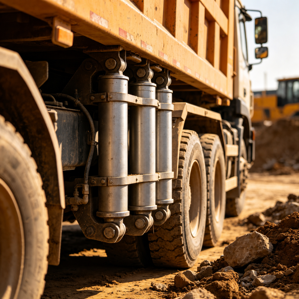 Telescopic hydraulic cylinder extended stage and mounting detail