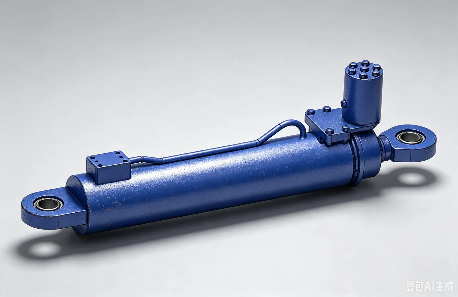 AI-generated concept image of a concrete pump hydraulic cylinder with integrated valve block.