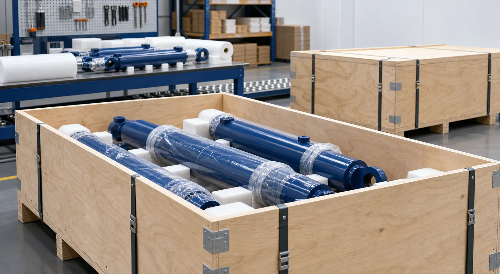 AI-generated concept image of export packaging for hydraulic cylinders.