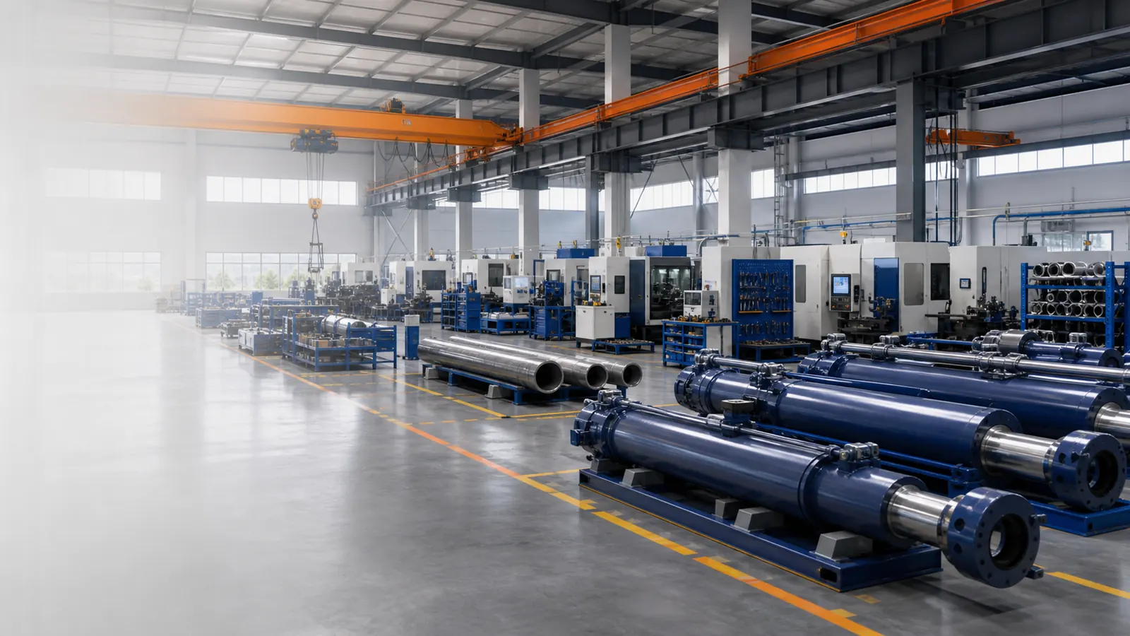 AI-generated concept image of a modern hydraulic cylinder production facility.