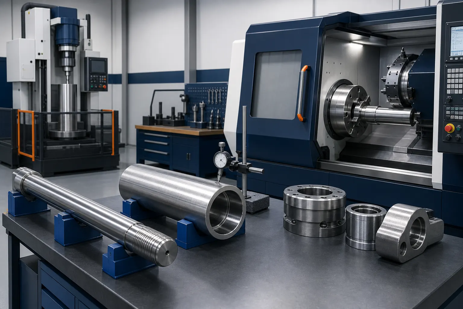 AI-generated concept image of hydraulic cylinder machining equipment.