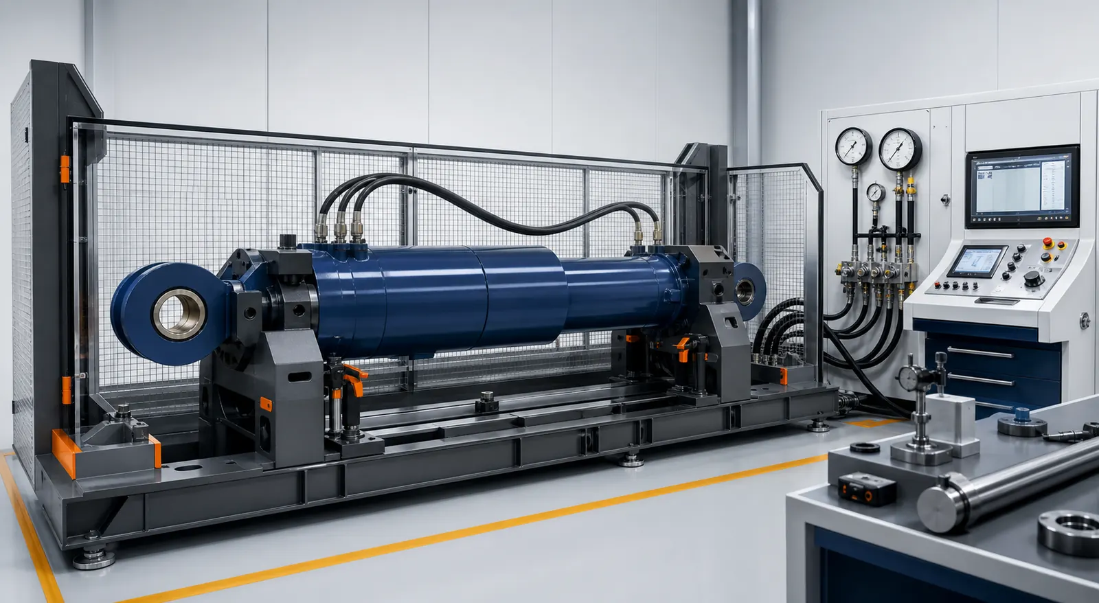 AI-generated concept image of a hydraulic cylinder pressure testing station.