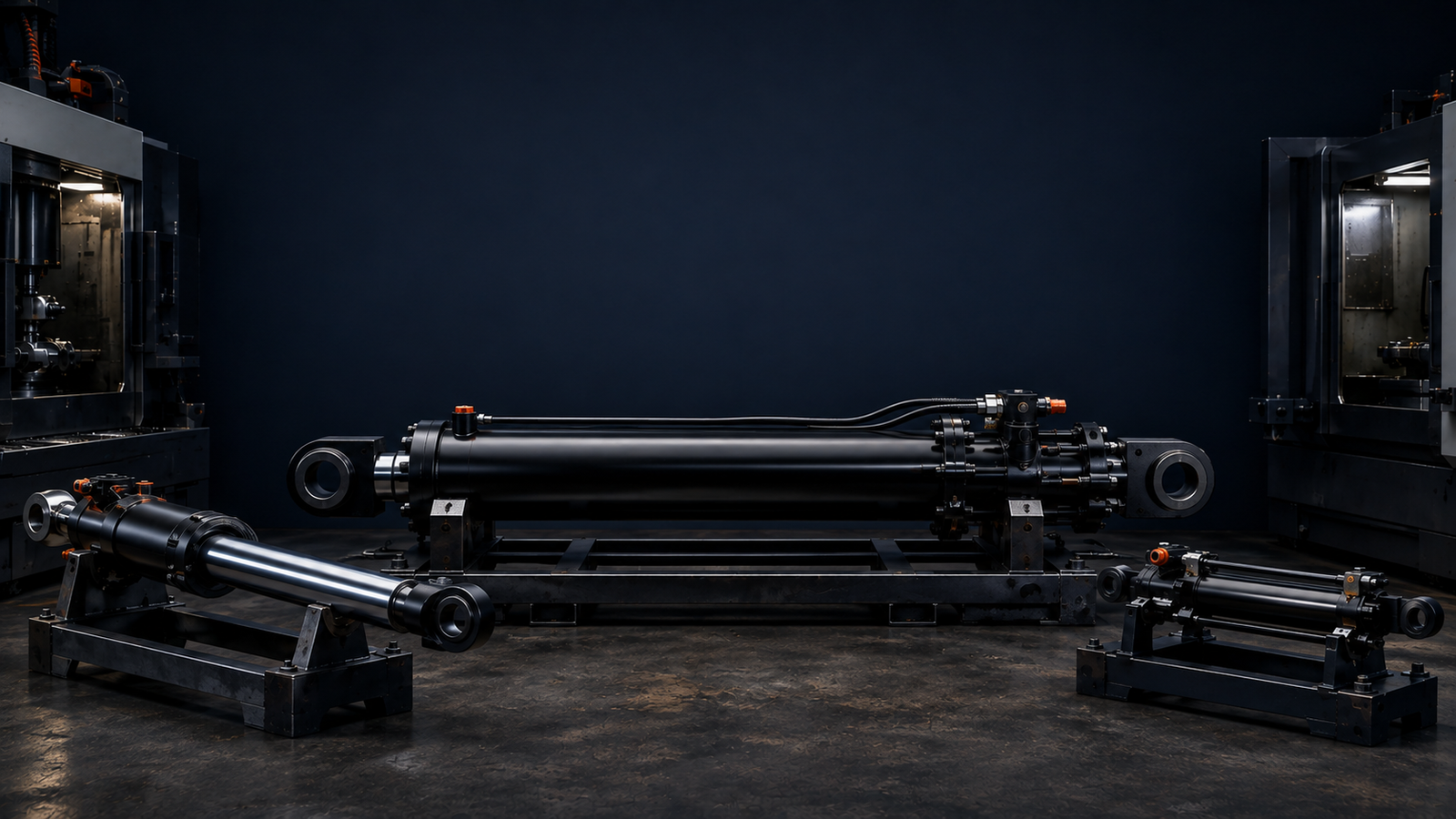 Large concrete pump hydraulic cylinders on a dark OEM product display