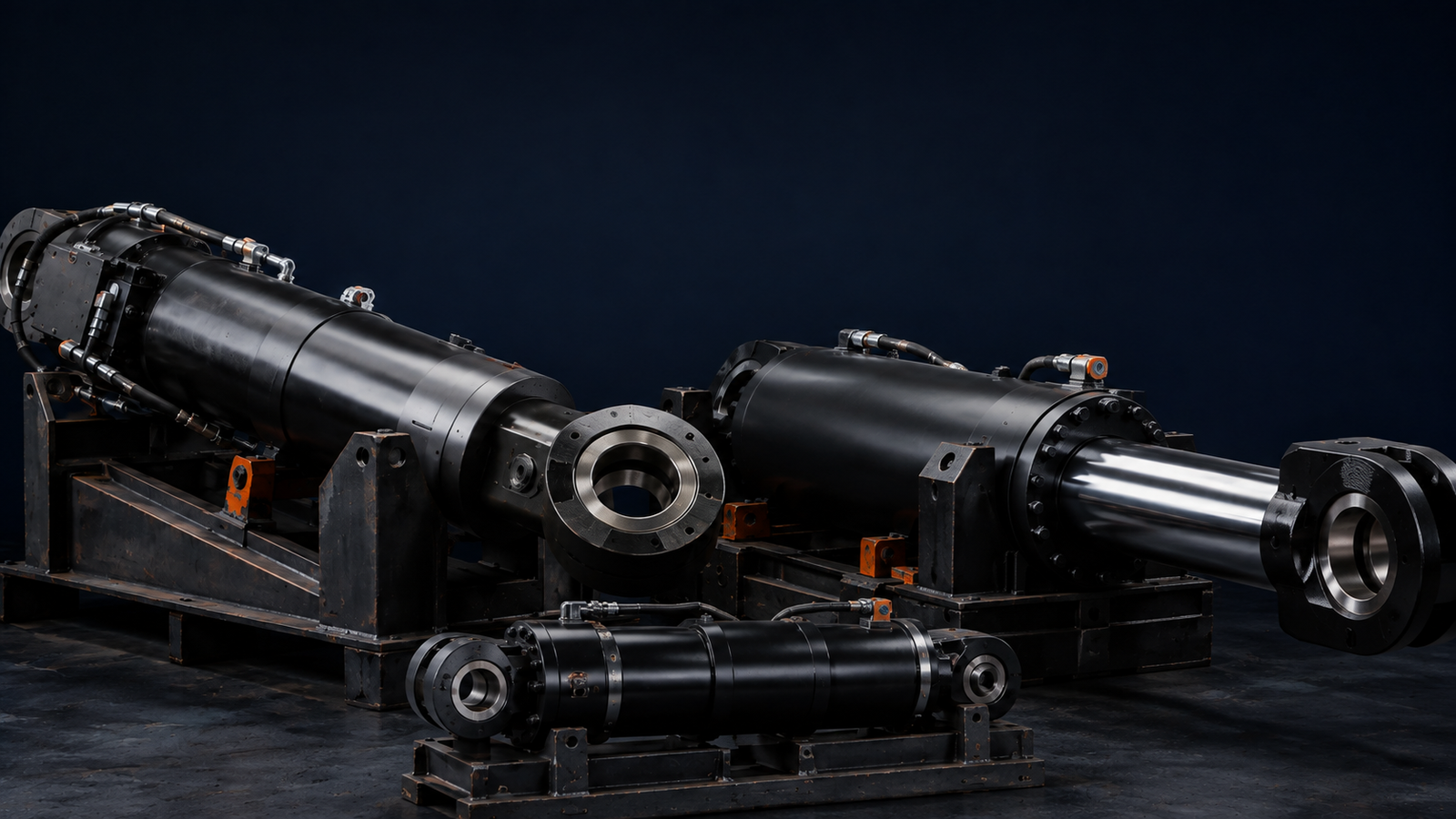 Large heavy-duty roadheader hydraulic cylinders on a dark industrial display